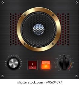 Metal amp dashboard. Amp meter. Measuring device. Amp tube scale meter. Vector audio VU meters. Audio equipment. Switcher, Button, Knobs.