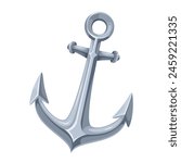 Metal anchor, cartoon nautical equipment of ship. Cute antique sharp anchor for stability of pirate and fisher boat, yacht and sailboat in sea and ocean water waves cartoon vector illustration