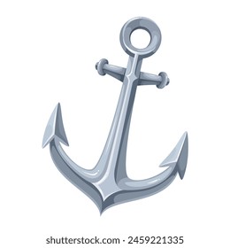 Metal anchor, cartoon nautical equipment of ship. Cute antique sharp anchor for stability of pirate and fisher boat, yacht and sailboat in sea and ocean water waves cartoon vector illustration
