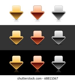 Metal arrow down icon web 2.0 buttons with shadow and reflection on white, gray and black