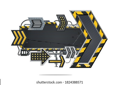 Metal arrow. Navigation sign. Cyberpunk style concept art. Realistic interface design. Gui element. Metal direction banner. Futuristic design.