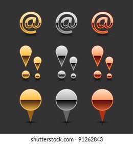 Metal at, exclamation mark and map pin icon with dark shadow and black drop reflection on gray background