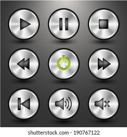 Metal audio button icon design, Vector image on grey background. Green light symbol on-off adjustable layers included.