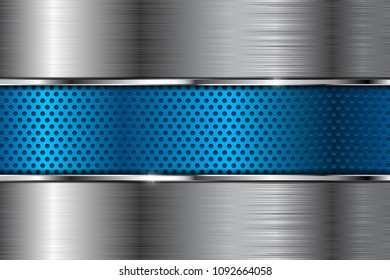 Metal background with blue perforated element. Vector 3d illustration