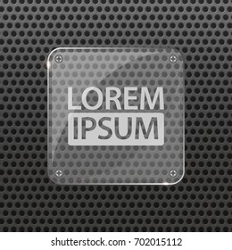 Metal Background with glass transparent plate and rivets. Metallic grunge texture. Techno vector illustration. Brushed Steel, iron, aluminum surface. Abstract gray template. Engineering, construction.