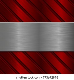 Metal background. Iron brushed texture on red diagonal background. Vector 3d illustration