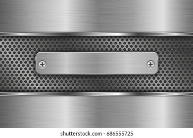 Metal background with perforated center and rivetted iron plate. Vector 3d illustration