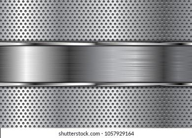 Metal background with perforation and brushed chrome plate. Vector 3d illustration