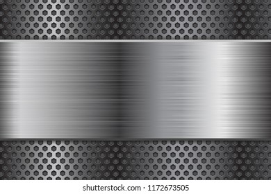 Metal background with perforation and brushed steel plate. Vector 3d illustration