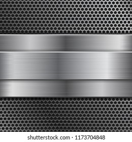 Metal background with perforation and brushed steel plate. Vector 3d illustration