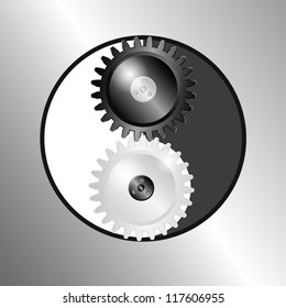 Metal background with pinions. Symbol yin yang. EPS10 Vector.