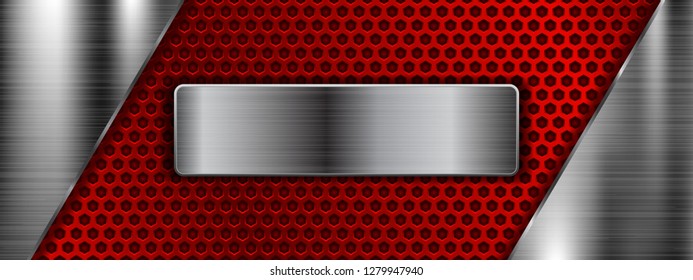 Metal background. Red perforated 3d texture with stainless steel elements. Vector illustration