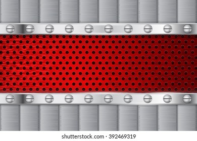 Metal background, red perforated element with rivets. Vector illustration 