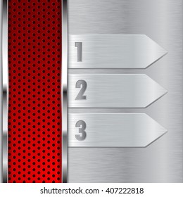 Metal background with red perforated stripe and steel arrows. Vector illustration