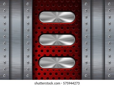 Metal background with red perforation and oval steel buttons. Vector illustration