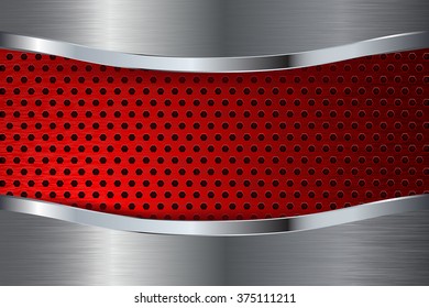 Metal background with red perforation steel plate. Vector illustration