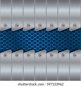 Metal background with rivets and blue perforation. Vector 3d illustration.