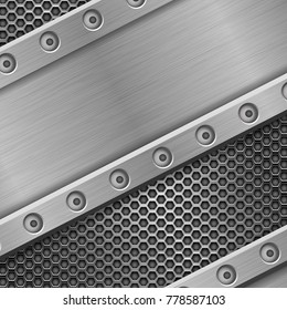 Metal background with rivets and perforation. Vector 3d illustration