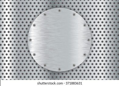 Metal background with round brushed plate with screw. Vector illustration