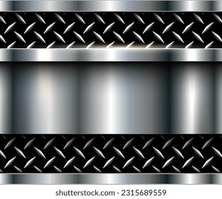 Metal background shiny chrome metallic with diamond plate texture, silver polished steel  texture wallpaper 3d vector illustration.