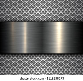 Metal background with shiny metallic banner over perforated background, vector design.