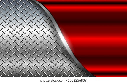 Fundo de metal cromo vermelho brilhante metálico com padrão de placa de diamante, prata polida textura de aço papel de parede ilustração vetor 3d.