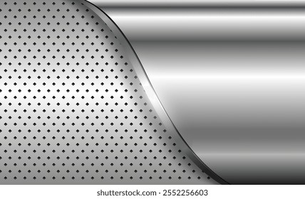 Metal background shiny silver chrome metallic with halftone dots pattern, silver polished steel texture wallpaper 3d vector illustration.