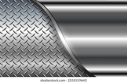 Metal background shiny silver chrome metallic with diamond plate pattern, silver polished steel texture wallpaper 3d vector illustration.