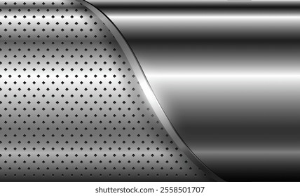 Metal background shiny silver chrome metallic with halftone dots pattern, silver polished steel texture wallpaper 3d vector illustration.