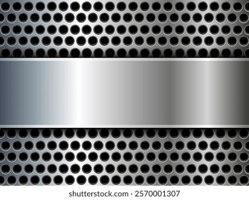 Metal background shiny silver chrome metallic with halftone dots pattern, silver polished steel texture wallpaper 3d vector illustration.