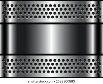 Metal background shiny silver chrome metallic with halftone dots pattern, silver polished steel texture wallpaper 3d vector illustration.