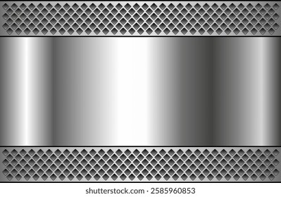 Metal background shiny silver chrome metallic with halftone dots pattern, silver polished steel texture wallpaper 3d vector illustration.