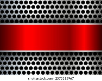 Metal background shiny silver red chrome metallic with halftone dots pattern, silver polished steel texture wallpaper 3d vector illustration.