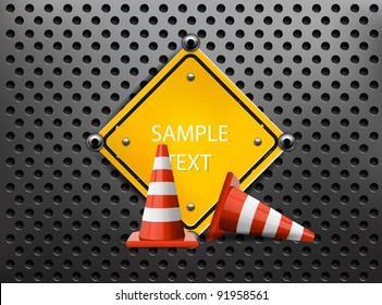 Metal Background with Sign and Traffic Cones