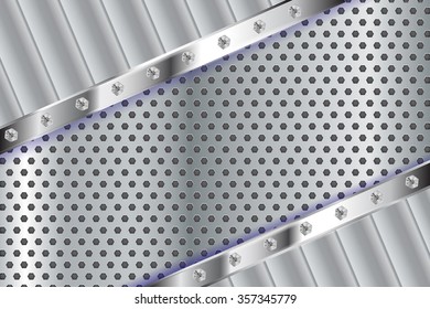 Metal background. Metal background with steel perforated plate and screws. Vector illustration