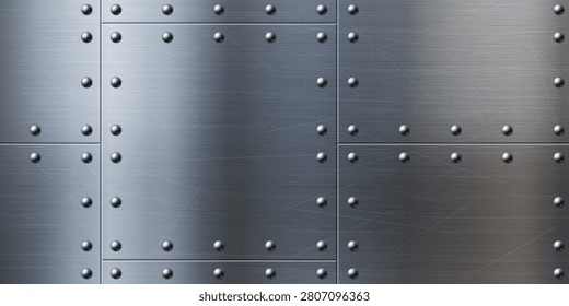 Metal background with steel rivets and brushed texture, 3d realistic vector banner. Silver aluminum sheet with bolts, military aircraft panel, iron border design template, industrial stainless frame