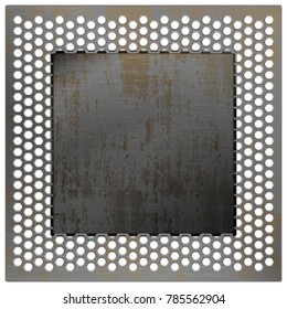 Metal background texture of a perforated mesh as a frame.