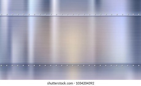 Metal background with texture and rivets, blurred reflections. Polished riveted metal sheets with place for text. Template for your poster, banner, cover art and other design