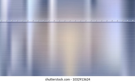 Metal background with texture and rivets. Polished riveted metal sheets. Panel with reflections and blurred reflections. Template for your design