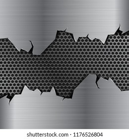 Metal background with torn edges and perforation. Vector 3d illustration