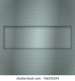 Metal background of tread plate texture with gap and steel textured plate for your text. Stainless plaque on a iron vector background.