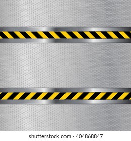 Metal background. Under construction stripes with chrome frame on hexagonal holes background. Vector illustration