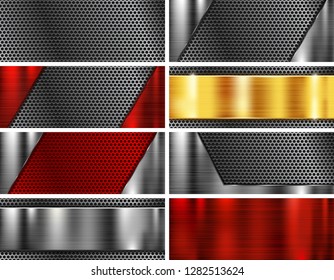 Metal backgrounds. Set of perforated and brushed iron textures. Vector 3d illustration