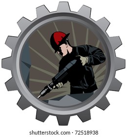 metal badge illustration of miner or construction worker with drill eps 10