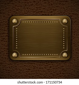 Metal badge on brown leather background - eps10