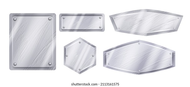 Juego de insignias metálicas, icono de etiqueta de plata vectorial, placas cromadas raspadas de acero brillante, kit de panel de hierro de juego de la interfaz de usuario. Plantilla en blanco de platino gris vacío, marco de interfaz de placa de signos de aluminio. Clíparte de placa metálica