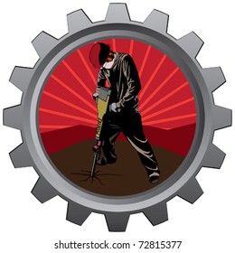 metal bage illustration of jackhammer construction worker eps 10