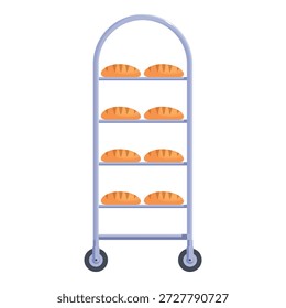 Carrito de panadería de metal que muestra filas de panes recién horneados, ideal para panaderías comerciales y establecimientos de servicio de alimentos