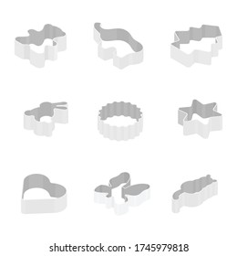 Metal baking cookie cutters set, collection. Beat, elephant, christmas tree, bunny, star, hear, butterfly and cat. Isometric view. Vector