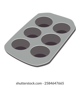 metal baking pan for muffins or cupcakes. Kitchen utensil, isolated on white background. Metal baking dish for desserts. Cartoon vector illustration. 